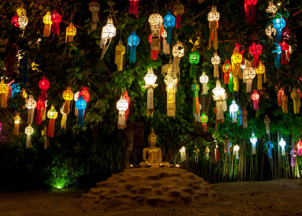 istock Colourful lanterns above Buddha image during Loy Krathong in Thailand. 1128295691