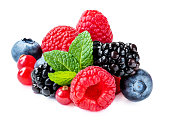 Mix berries with leaf. Various fresh  berries isolated on white background.  Raspberry, Blueberry,  Cranberry, Blackberry and Mint leaves