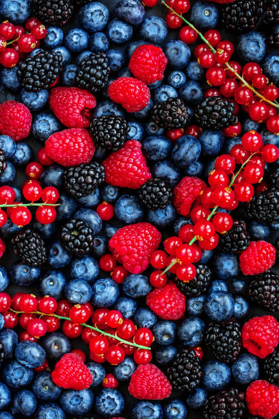 berry-muster. frischen sommerbeeren mischen hintergrund mit erdbeere, himbeere, rote johannisbeere, heidelbeere und brombeere, ansicht von oben - beere pflanzenbestandteile stock-fotos und bilder