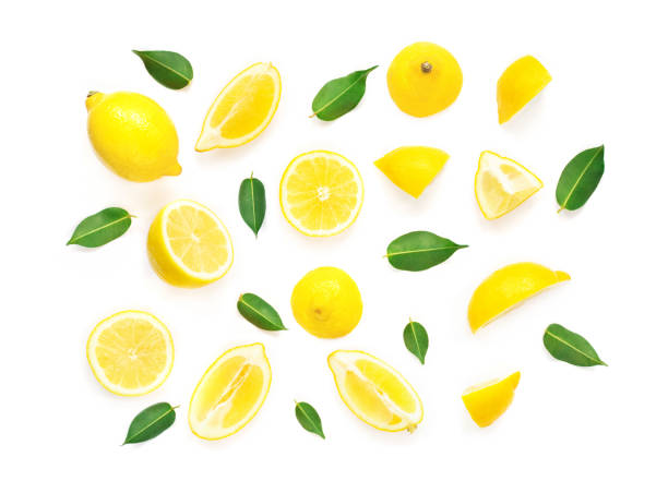 istock Lemon Summer Pattern. Fresh Lemon fruits and slices with leaf isolated on white background. Flat lay, top view. 1128296220