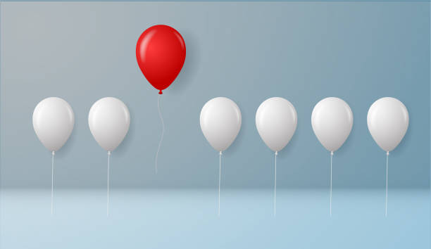 istock Stand out from the crowd and different concept , One red balloon flying away from other white balloons on wall background with shadows.success concept 1128297391
