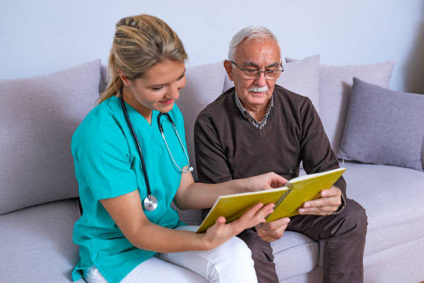 istock Aged elegant man and tea time at nursing home 1128302777