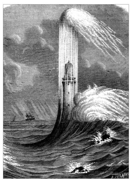 illustrations, cliparts, dessins animés et icônes de antique illustration des découvertes scientifiques : phare eddystone - sea storm lighthouse rough