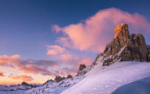 On the top.  Panoramic landscape Alps mountain peak. Winter sport, ski resort.  Enjoying on sunset  sunny  ski resorts. Powder snow Snowcapped mountain  Dolomite super ski area. Ski resort. Sellaronda, italy, Europe