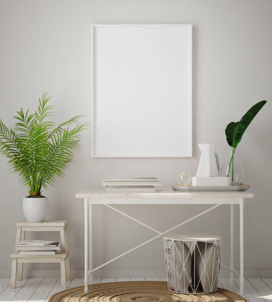 istock mock up poster frame in modern interior background, living room, Scandinavian style, 3D render 1128319490