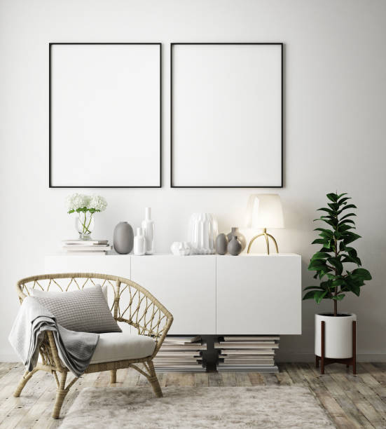 istock mock up poster frame in modern interior background, living room, Scandinavian style, 3D render 1128319498