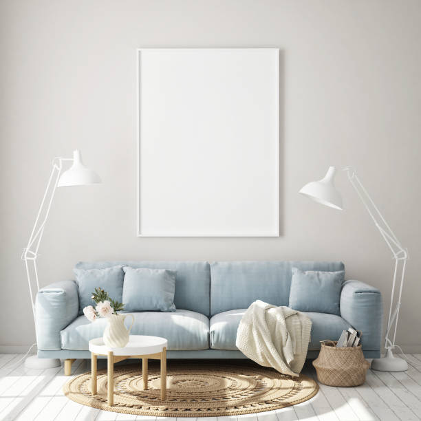 istock mock up poster frame in modern interior background, living room, Scandinavian style, 3D render 1128319500