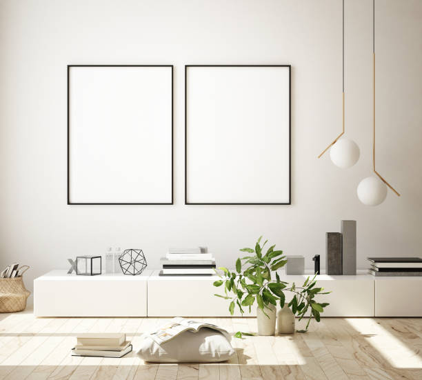 istock mock up poster frame in modern interior background, living room, Scandinavian style, 3D render 1128319508