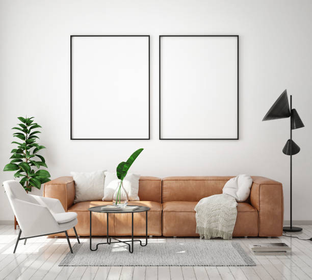 istock mock up poster frame in modern interior background, living room, Scandinavian style, 3D render 1128319513