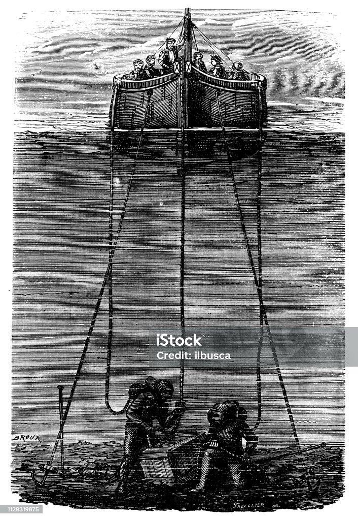 Antique illustration of scientific discoveries: Deep sea diving Exploration stock illustration