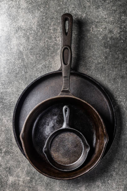 istock Cast iron Pans or Skillets on Grey Background 1128329012