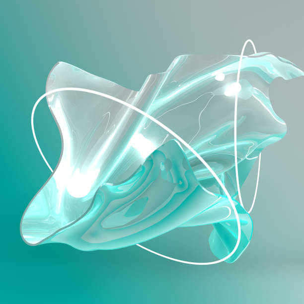 istock Luxury soft textile fabric in motion with luminous sphere and rings 3d render. Glossy waves. Abstract modern design element, minimalistic background 1128329248