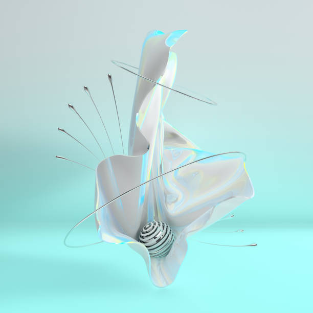 istock Luxury soft textile fabric in motion with silver metallic sphere and rings 3d render. Iridescent waves. Abstract modern design element, minimalistic background 1128329255