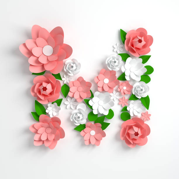 papierowy kwiat litery alfabetu m 3d renderowania. pastelowe kolorowe kwiaty w nowoczesnym stylu origami sztuki papieru. płaska ilustracja cyfrowa. wyizolowany na białym - letter m alphabet three dimensional shape render zdjęcia i obrazy z banku zdjęć