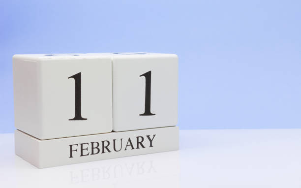 11 februari. hari 11 bulan, kalender harian di meja putih dengan pantulan, dengan latar belakang biru muda. waktu musim dingin, ruang kosong untuk teks - 0 11 bulan foto potret stok, foto, & gambar bebas royalti