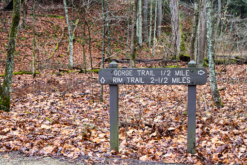 Trail marker for hikers in Hocking Hills State Park in southeastern Ohio.