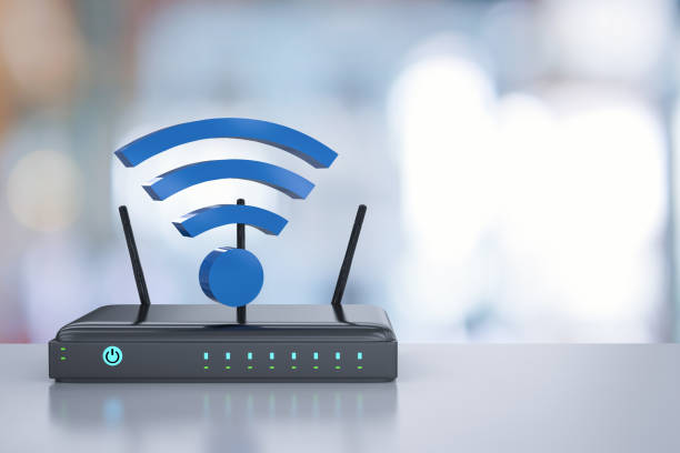 router with wi-fi 3d rendering router with blue wi-fi sign router stock pictures, royalty-free photos & images