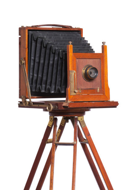 istock Antique wooden camera on a tripod isolated on white 1128343879