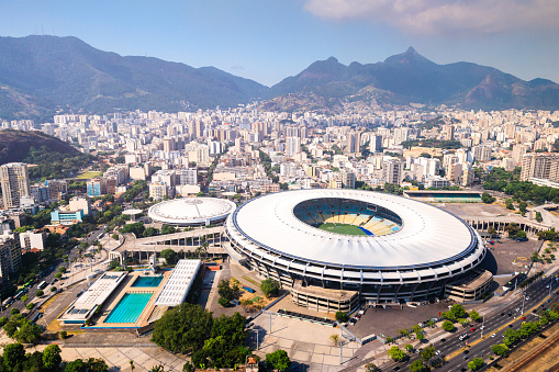 Rio de Janeiro, Brazil - January 18, 2019: Aerial view of Maracanã soccer stadium, the most famous stadium in Brazil and one of the most know in the world. Home of classic soccer matches, it welcomes soccer fans all around the country and the world.