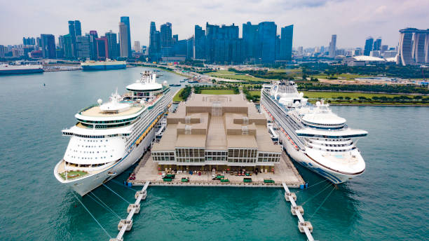 Ships at Harbour Aerial Shot of Cruise Ships at Singapore Harbour floating platform stock pictures, royalty-free photos & images