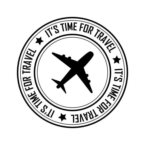 czas na podróż ikona znaczka pocztowego, czarny izolowany na białym tle, ilustracja wektorowa - passport stamp passport rubber stamp travel stock illustrations