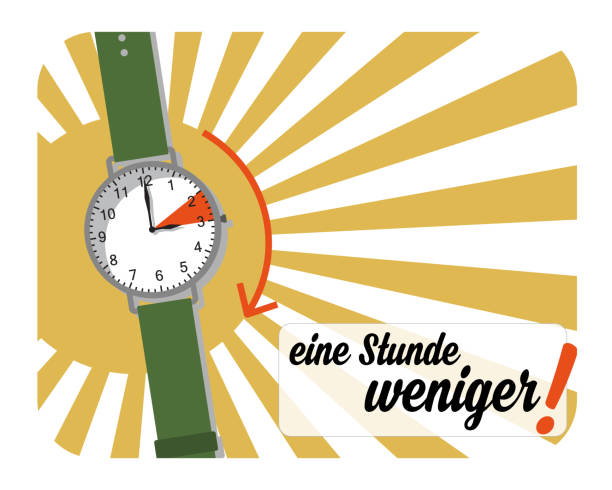 Summertime - sleep one hour less (text in German) Watch with red arrow and text: one hour less sonne stock illustrations