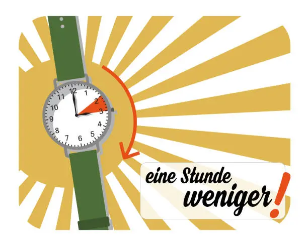 Vector illustration of Summertime - sleep one hour less (text in German)