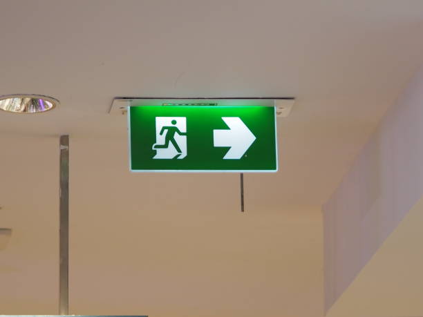istock exit fire sign on ceiling direct symbol way run to door 1128357037
