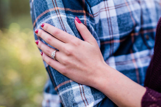 istock Close-up of woman's hand with engagement ring 1128363769