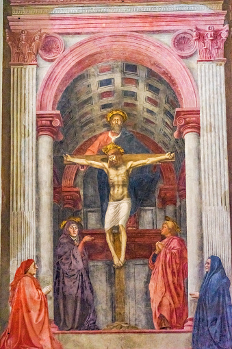 Masaccio Fresco Trinity Christ Santa Maria Novella Church Florence Italy. Created 1427 pioneering perspective in painting