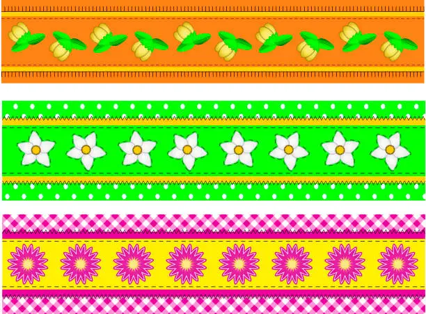 Vector illustration of Vector EPS10 Three Flower Borders with Dots, Gingham and Stitches