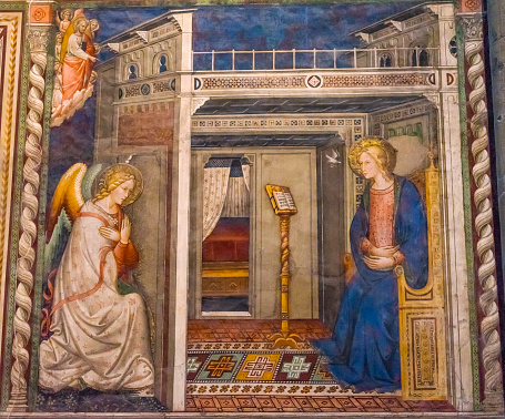 Ghirlandaio Virgin Life Fresco Annunciation Angel Baptist Father Tornabuoni Chapel Santa Maria Novella Church Florence Italy. Fresco ceated 1485
