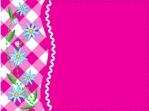 Vector eps8.  Pink copy space with gingham and ric rac trim topped with blue cornflowers and quilting stitches.