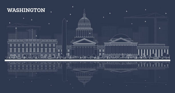 Outline Washington DC Skyline with White Buildings and Reflections. Outline Washington DC Skyline with White Buildings and Reflections. Vector Illustration. Business Travel and Tourism Concept with Historic Buildings. Washington DC Cityscape with Landmarks. washington dc stock illustrations