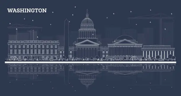 Vector illustration of Outline Washington DC Skyline with White Buildings and Reflections.
