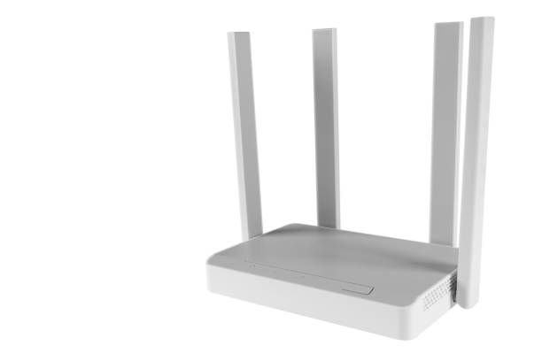 istock Wireless Wi-Fi router isolated on white background. wifi technology concept. White wireless internet router isolated. Cable modem with antenna isolated on white background. Indicator lights 1128374257