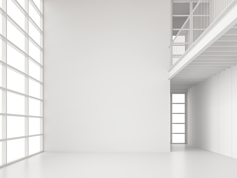 Modern white space interior with large window 3d render