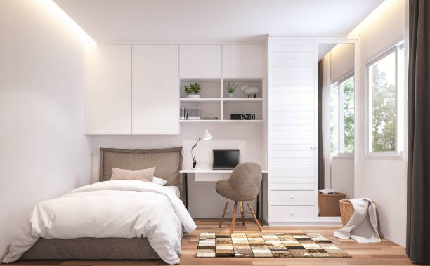 Teenage bedroom 3d render Teenage bedroom 3d render,There are wooden floor and  white wall.Furnished with brown bed and white cabinet.There are white frame window overlooks to nature view. bedroom stock pictures, royalty-free photos & images