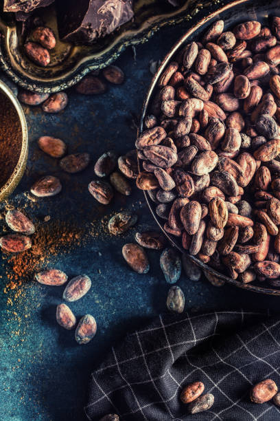 istock Dark chokolate cocoa beans and powder on concrete table 1128381472