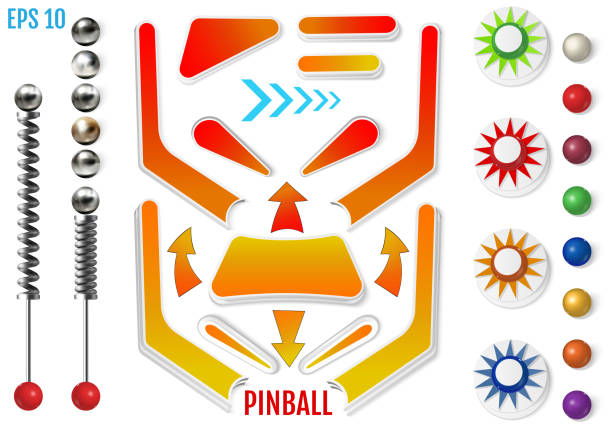 Pinball elements. Realistic set with different tools. Pinball elements. Colored bumpers and flippers kit. Realistic set with different tools. Game design and creative concepts. Vector Illustration isolated on white background. pinball machine stock illustrations