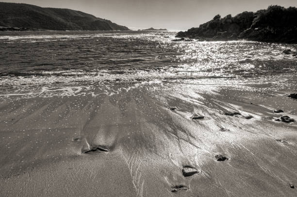 Corsican beach in black and white a black and white view of a beach in southern Corsica in winter image en noir et blanc stock pictures, royalty-free photos & images