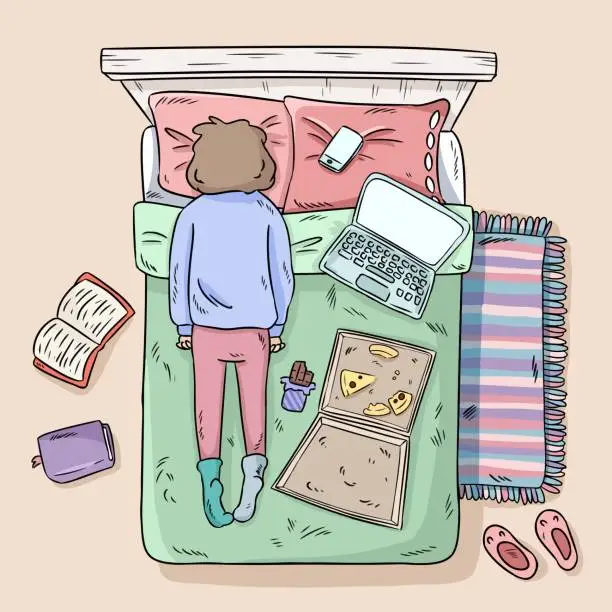 Vector illustration of Girl procrastinating on the bed. Mess at home. Comic style image. Top view.