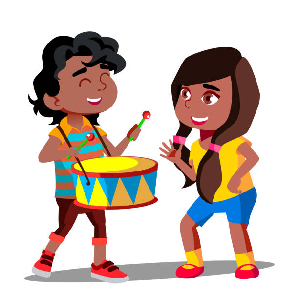 Boy Playing Drum Next To Dancing Girl Vector. Isolated Illustration Boy Playing Drum Next To Dancing Girl Vector. Isolated Illustration african american male ballet dancer stock illustrations