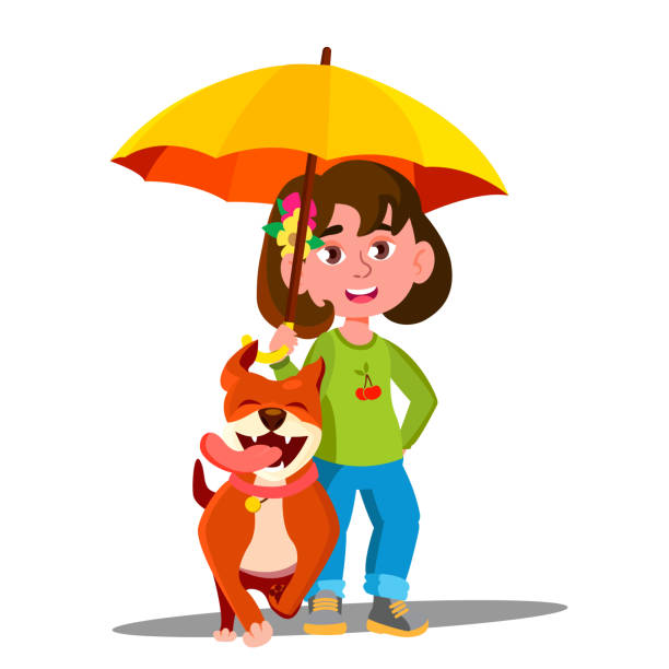 маленькая девочка выгулив собаку под зонтиком в дождь вектор. изолированная иллюстрация - cartoon umbrella dog care stock illustrations