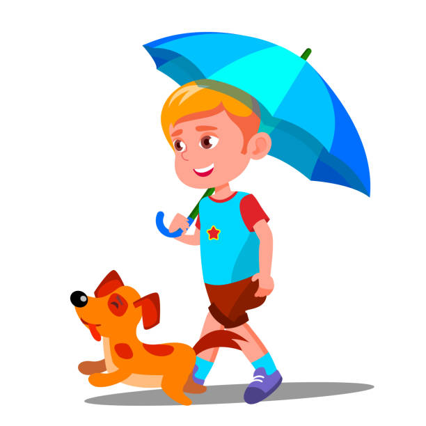 illustrations, cliparts, dessins animés et icônes de petit garçon marche un chien sous le parapluie du vecteur de la pluie. illustration isolée - cartoon umbrella dog care
