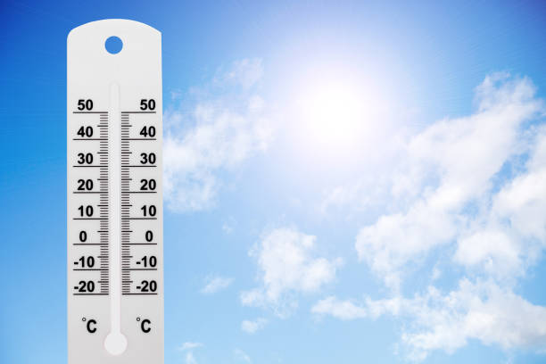 istock white street thermometer against the sky with the sun 1128402009