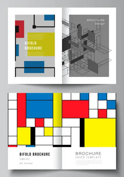 Vector illustration of The vector layout of two A4 format modern cover mockups design templates for bifold brochure, magazine, flyer. Abstract polygonal background, colorful mosaic pattern, retro bauhaus de stijl design.