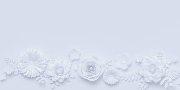 istock White spring background decorated with artificial paper flowers and leaves. 3d rendering 1128419270