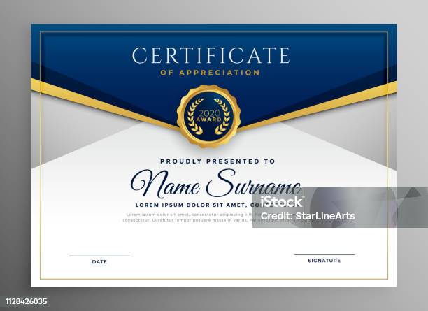 Elegant Blue And Gold Diploma Certificate Template Stock Illustration - Download Image Now - Certificate, Template, Award