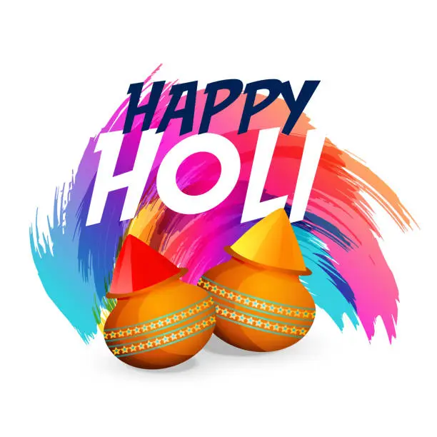 Vector illustration of happy holi colors splash with matki background